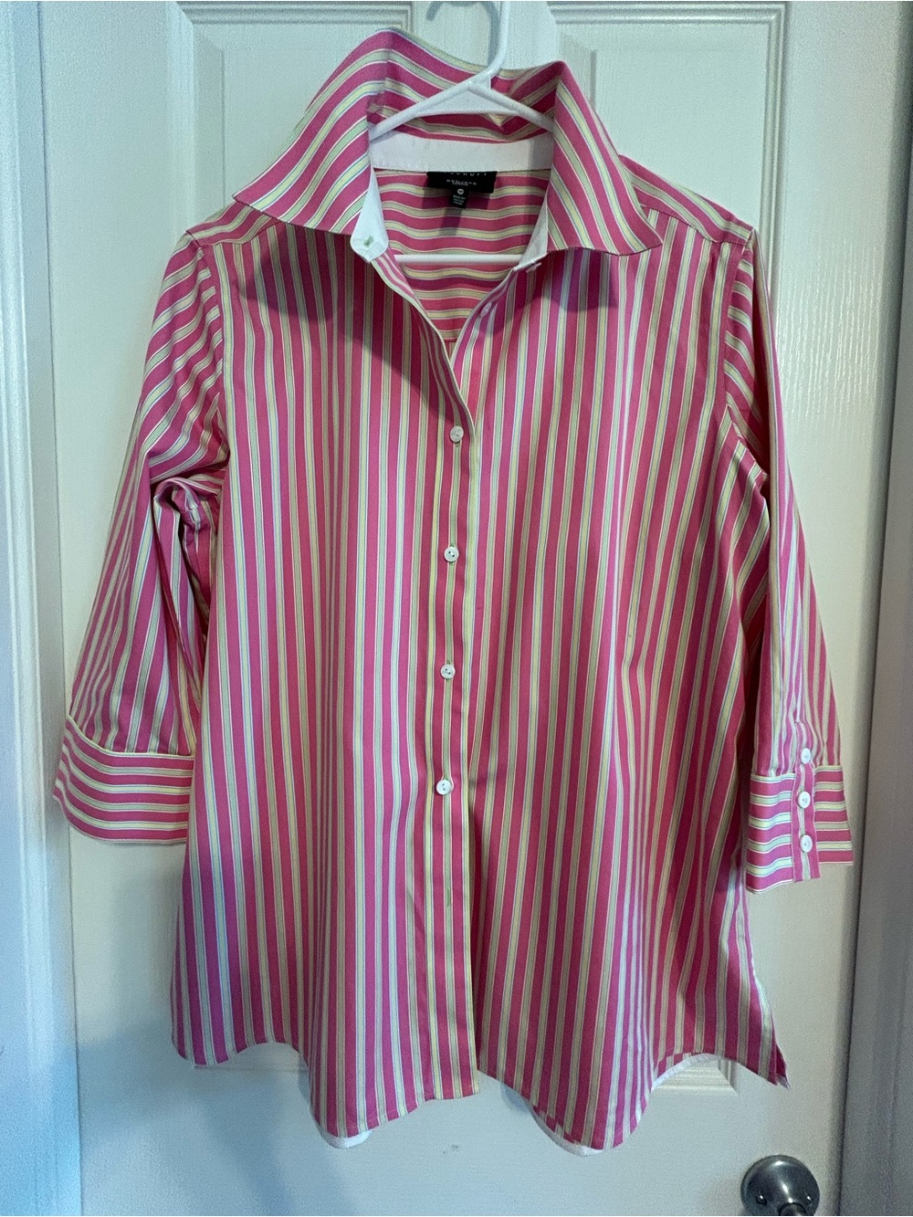 Foxcroft Pink and White Striped Button-Down Shirt